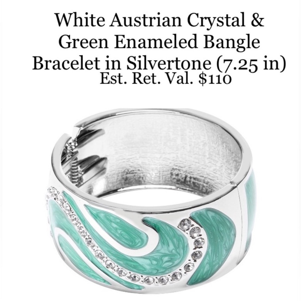 Silvertone Green Enameled Bangle Bracelet with White Austrian Crystals - Picture 1 of 12